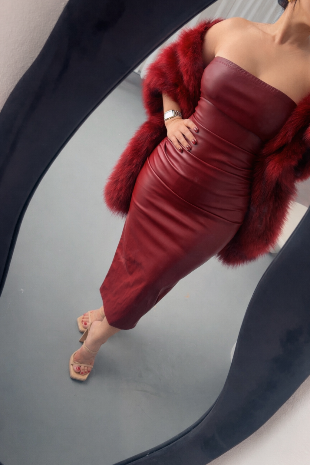 CRIMSON LEATHER BODYCON DRESS