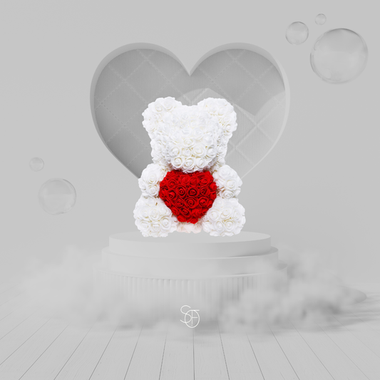 GRAND WHITE AND RED ROSE BEAR